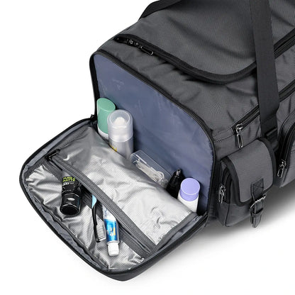 WITZMAN 54L silvery grey travel duffel bag for men with shoe compartment and wet-dry pocket 