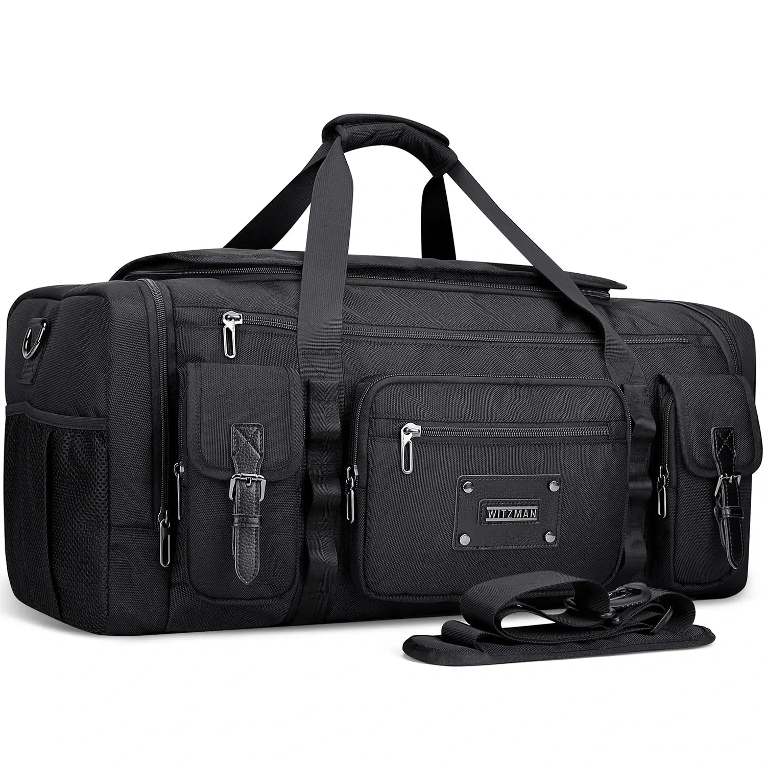 WITZMAN 54L black travel duffel bag for men with shoe compartment and wet-dry pocket
