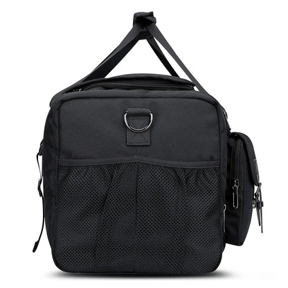 WITZMAN 54L black travel duffel bag for men with shoe compartment and wet-dry pocket side