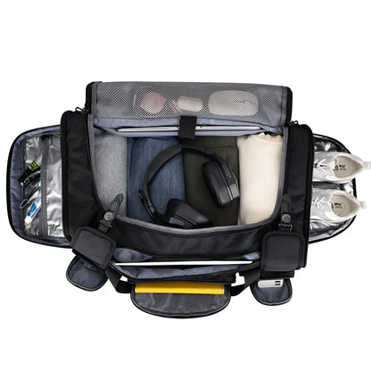 WITZMAN 54L black travel duffel bag for men with shoe compartment and wet-dry pocket main