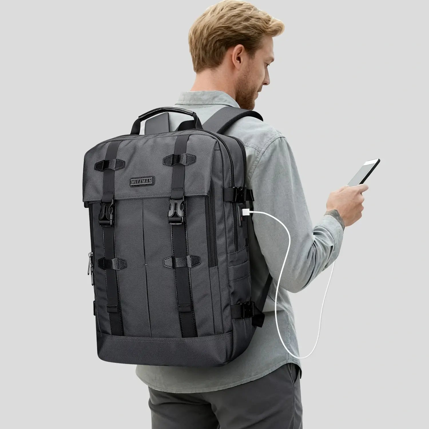 WITZMAN sliver grey nylon travel backpack for men b716