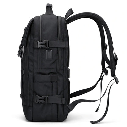 WITZMAN black nylon travel backpack for men with USB port and laptop compartment